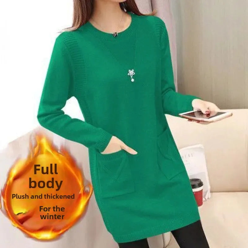 2024 New Style Korean Version Loose-Fit Medium-Length Knit Base Layer Top Women's Pullover Sweater Skirt Fleece-Lined Thickened