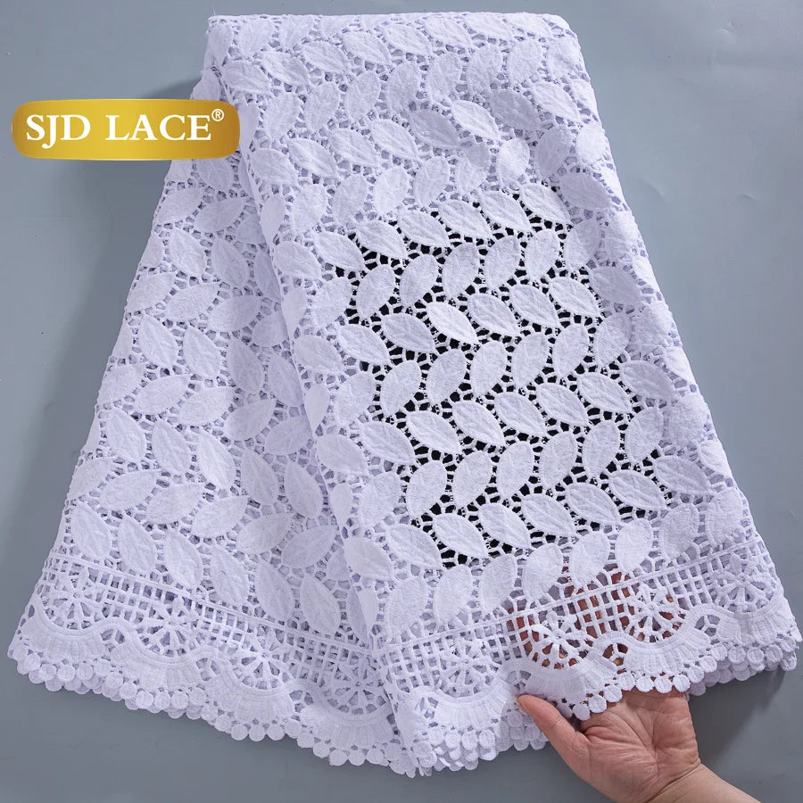 SJD LACE African Sequins Guipure Cord Lace Fabrics 5 Yards White 2025 New Nigerian Water Soluble Lace For Women Dresses Sew 4197