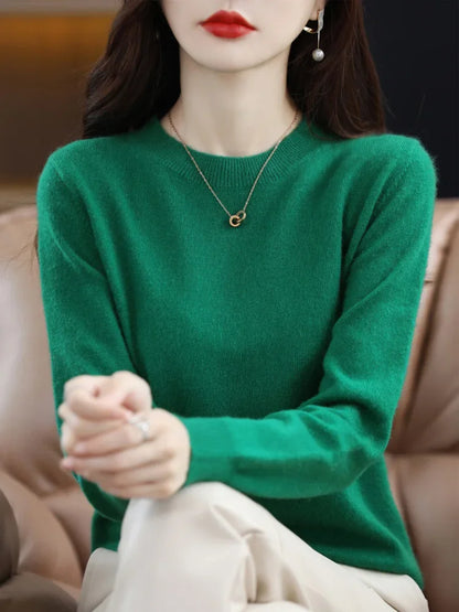 Fashion 100% Merino Wool Women's Sweater O-Neck Long Sleeve Pullover Spring Autumn Winter Basic Jumper Clothing Knitwear Tops