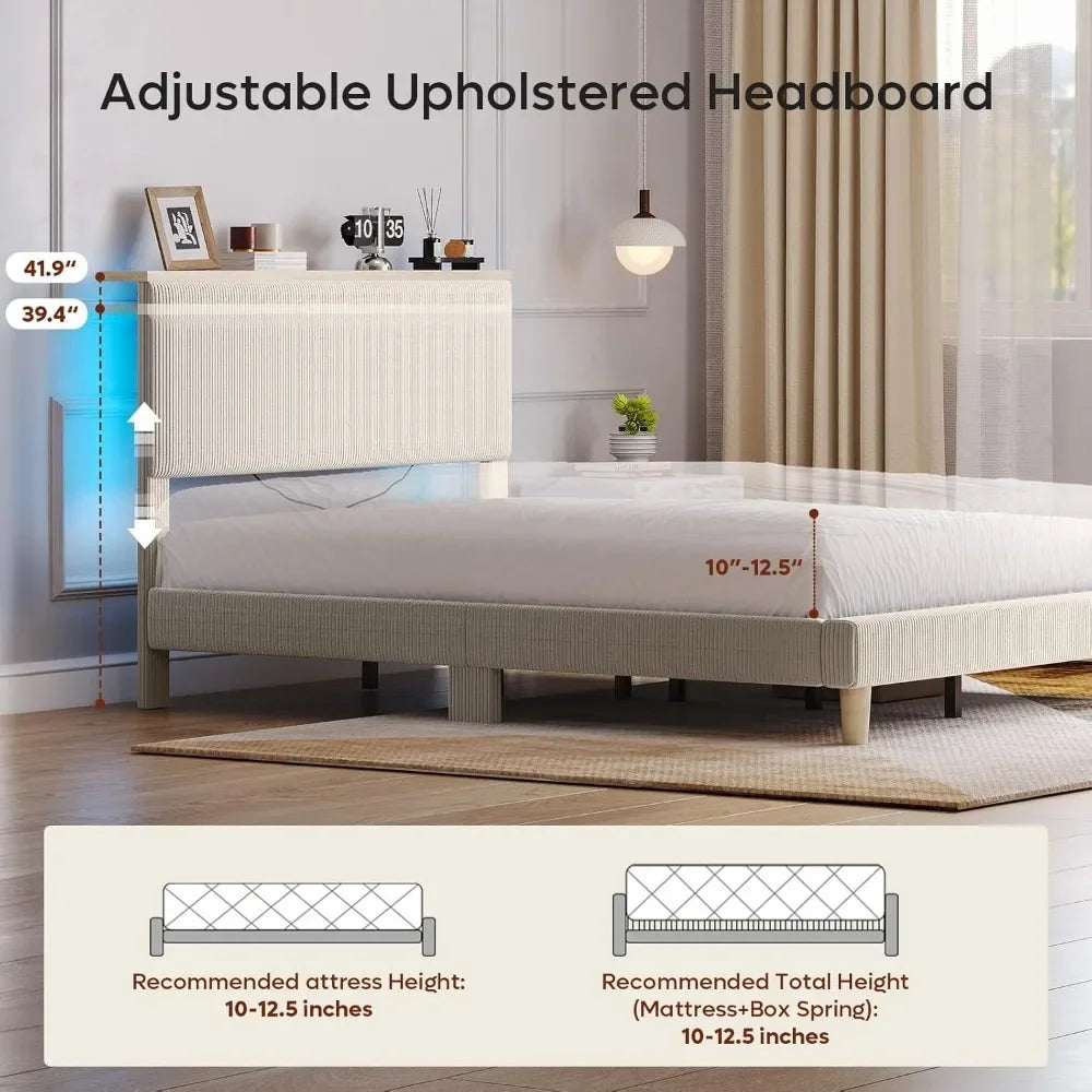 Bestier Queen Corduroy Upholstered Bed Frame with Adjustable Vertical Channel Headboard, LED Platform Bed with Storage Shelf, So