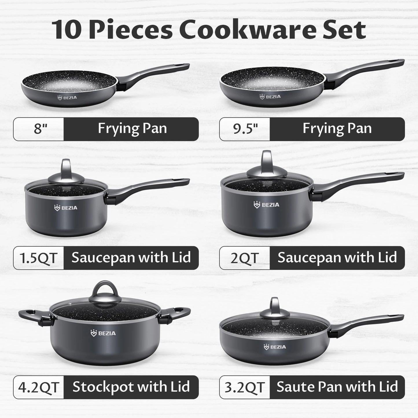 Induction Cookware Pots and Pans Set 10 Piece, BEZIA Dishwasher Safe Nonstick Cooking Pans, Stay-Cool Bakelite Handle