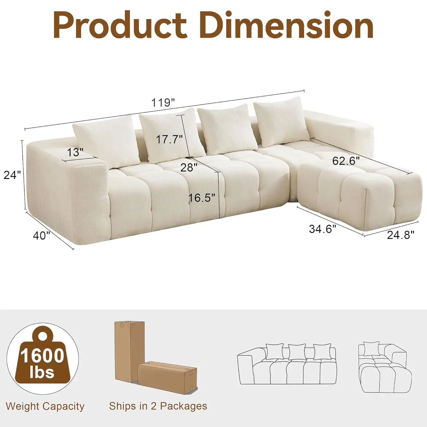 119" Oversized Cloud Boneless Couches for Living Room, Modern Tufted Modular Sectional Sofa with Deep Seat &, Customized
