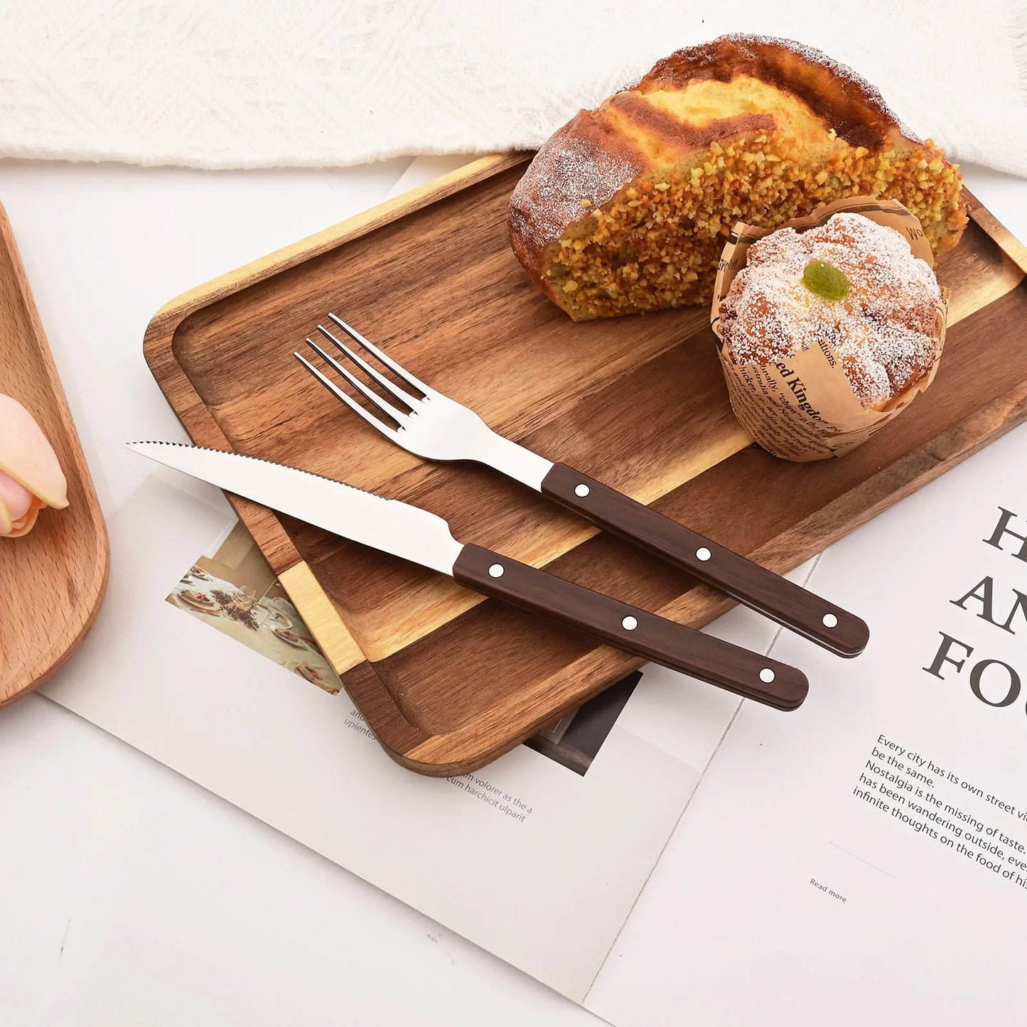 5/20Pcs Imitative Wood Silver Dinnerware Set Western Knife Fork Spoons Set Mirror Stainless Steel Cutlery Kitchen Silverware Set