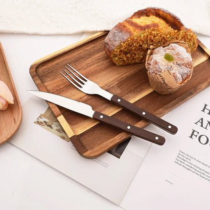 5/20Pcs Imitative Wood Silver Dinnerware Set Western Knife Fork Spoons Set Mirror Stainless Steel Cutlery Kitchen Silverware Set