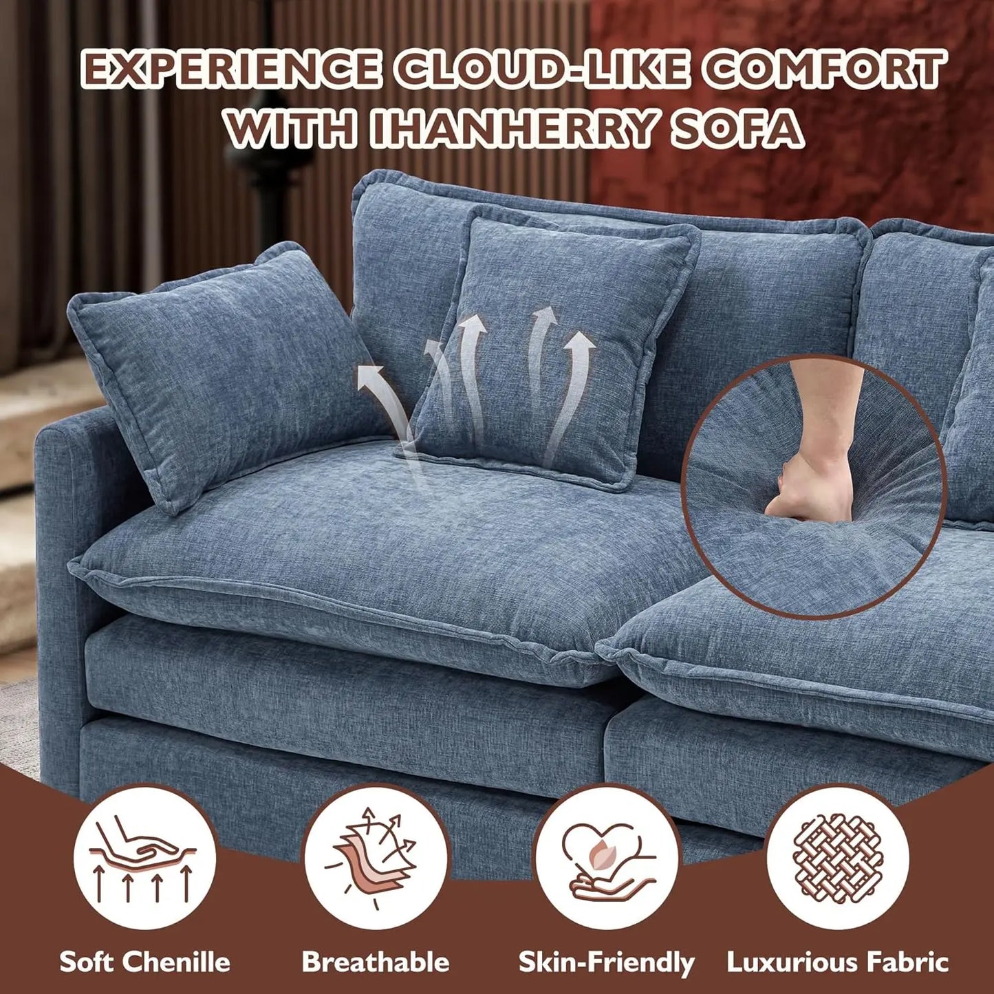 146" U-Shaped Modern Sofa Modular Sectional Cloud Couch with 2 Ottoman, 6-Seat Chenille Deep Seat Sofa with 6, Customized