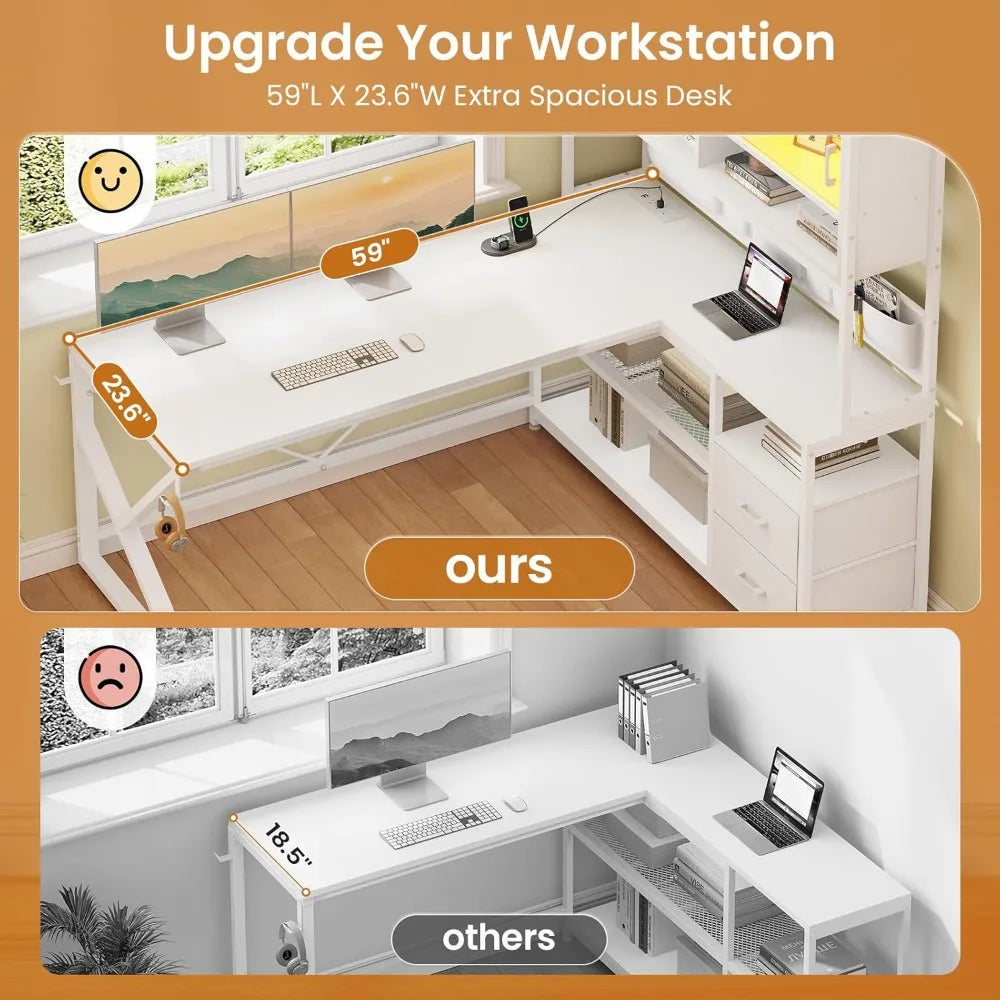 L-Shaped Gaming Desk with LED Lights, Glass Cabinet, Storage Shelves & Drawers, White Home Office Computer Corner Desk