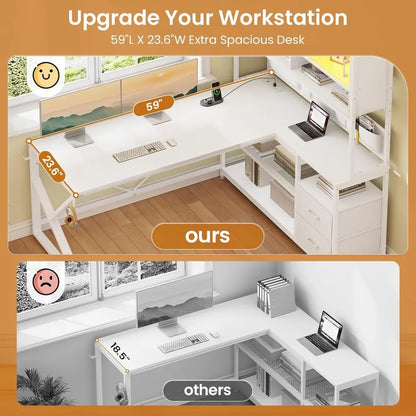 L-Shaped Gaming Desk with LED Lights, Glass Cabinet, Storage Shelves & Drawers, White Home Office Computer Corner Desk