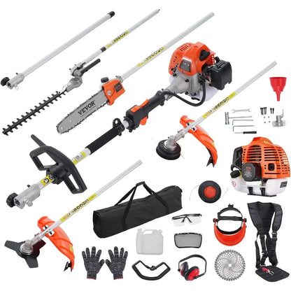 5-in-1 26cc 2 Cycle Gas Powered Dual Sided Hedge Trimmer, Weed Eater, String Trimmer, Edger, Pole Saw Chainsaw Pruner with EPA,