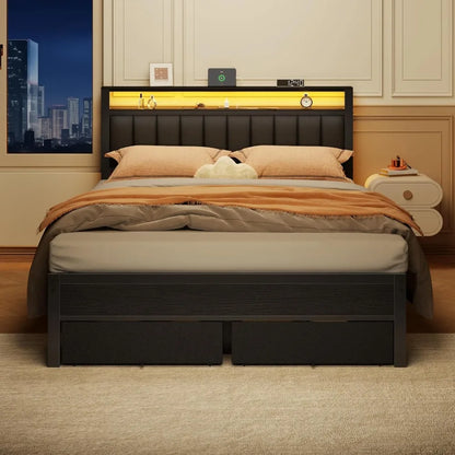 Bed Frame with Charging Station and LED Lights, Grey Upholstered Headboard with Shelves, Metal Platform Bed, Customized