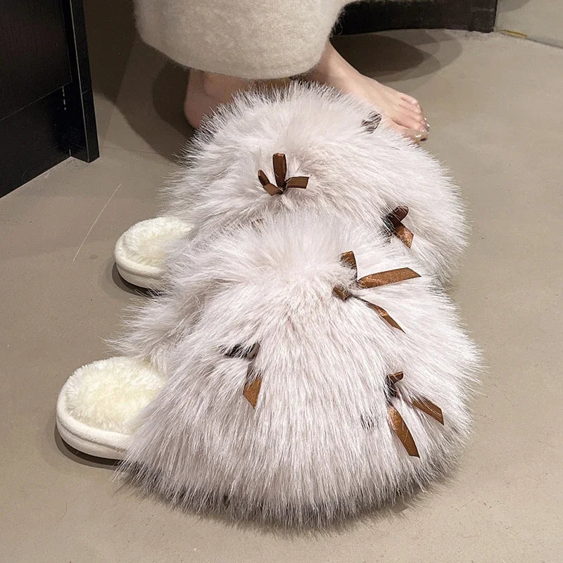 Sweet Bow Decor Fluffy Furry Slippers for Women Comfort Soft Home Plush Slides Shoes Woman Anti Slip Indoor Home Cotton Slipper