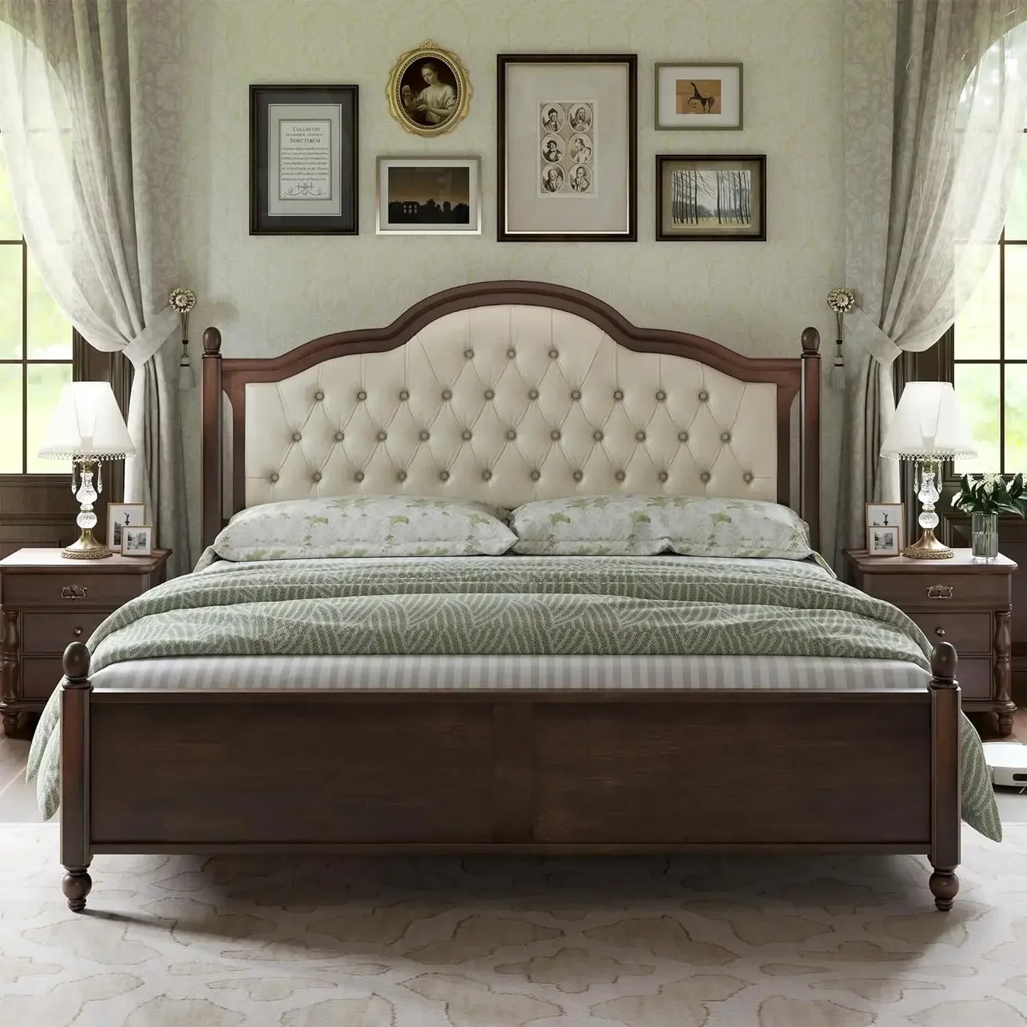 Solid Wood Bed Frame Queen Size, Transitional Platform Bed with 52.5" Upholstered Tufted Headboard, Rubberwood/Roman Column