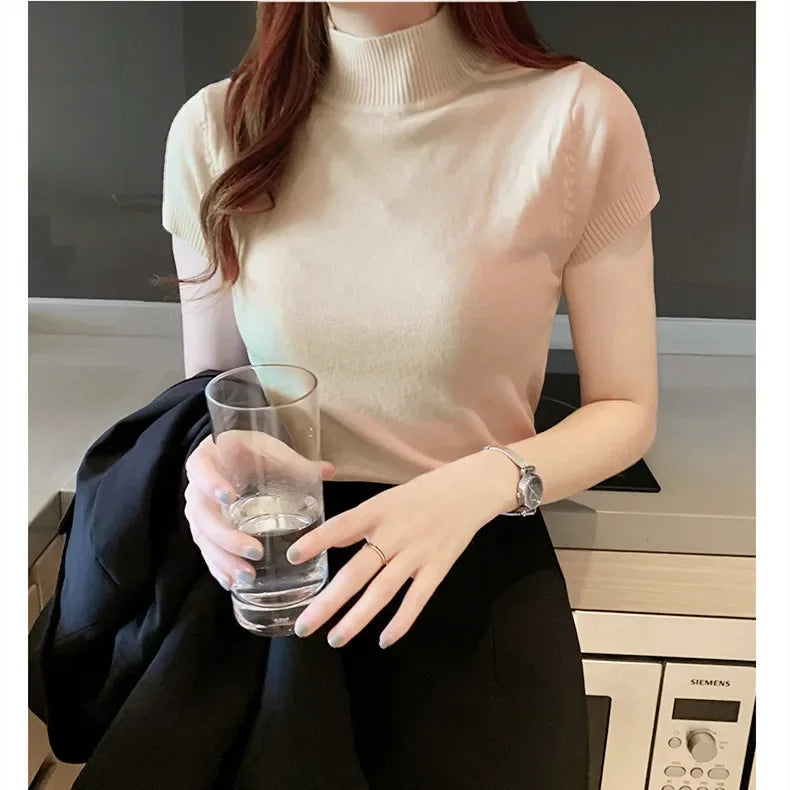 Korean Style Half Polo/turtle Neck Short Sleeves Knitted Top Women's Summer New Elegant Base Layer Top Slimming Cropped T-shirt