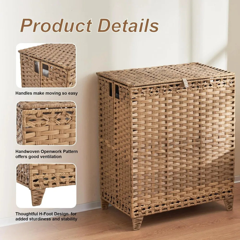 Large 190L 3-Section Laundry Hamper with 6 Detachable Liner Bags and 3 Mesh Bags, Handwoven Rattan Design