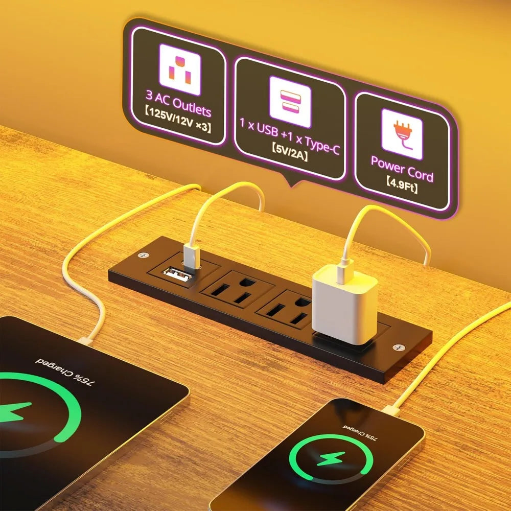 L Shaped Gaming Desk with LED Lights & Power Outlet, 48Inch Corner Computer Desk with Drawers Reversible Home Office Desks with