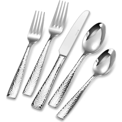 Hammered 18/10 Stainless Steel Silverware Set with Squared Edge, 20/45/65 Pieces, Serving 4 to 12 Guests, Elegant Dining
