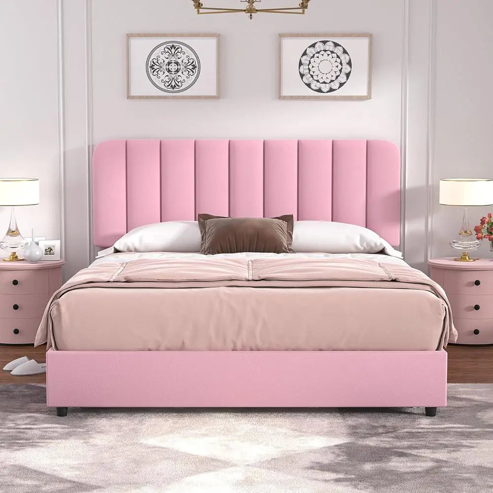 Pink Velvet Full-Size Platform Bed with 4 Drawers and Headboard, Wooden Slat Support, No Box Spring Needed