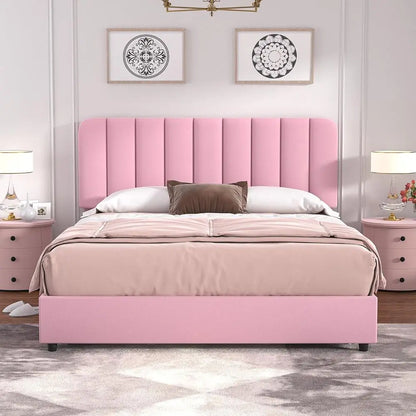 Pink Velvet Full-Size Platform Bed with 4 Drawers and Headboard, Wooden Slat Support, No Box Spring Needed