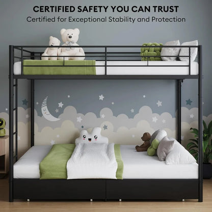 Twin Over Twin Metal Bunk Bed with LED Lights, USB Charging Station, 2 Drawers, Guard Rails & Ladder – No Box Spring Needed,