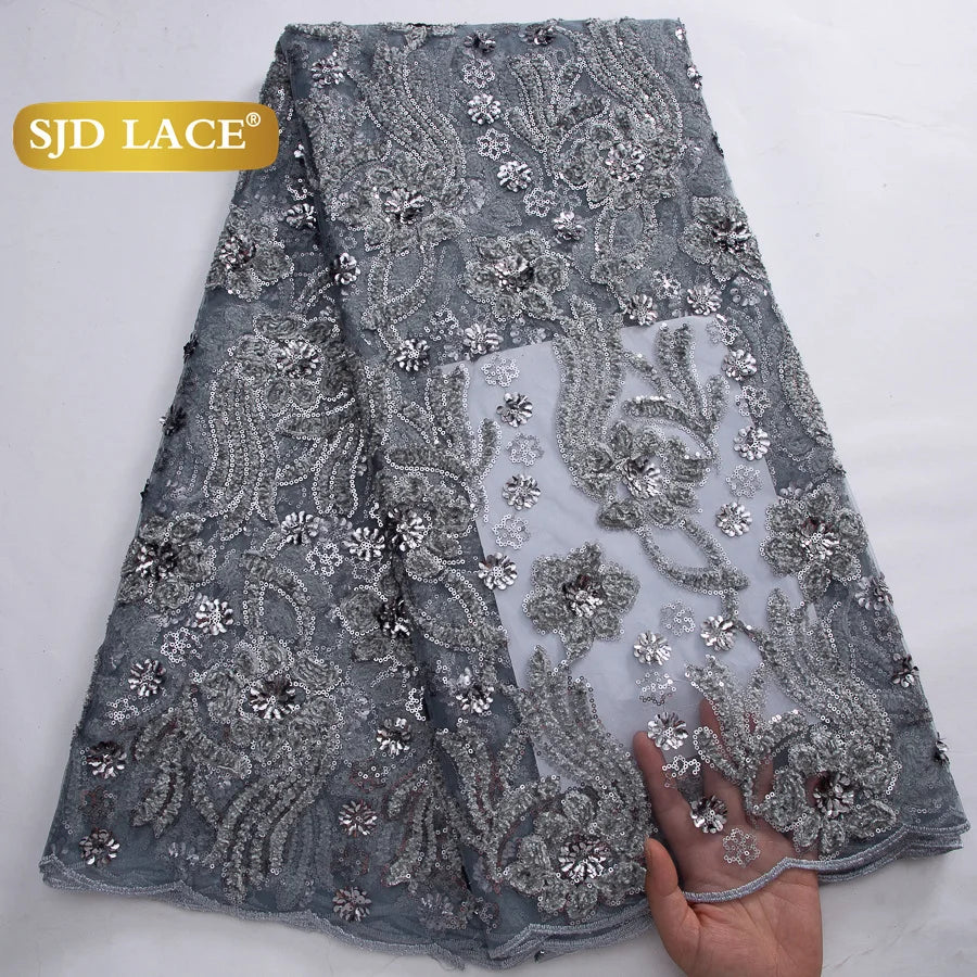 SJD LACE French Mesh Lace Fabric with Beads 2025 High Quality Nigerian African Net Tulle Lace for Sewing Women Wedding Dress4319