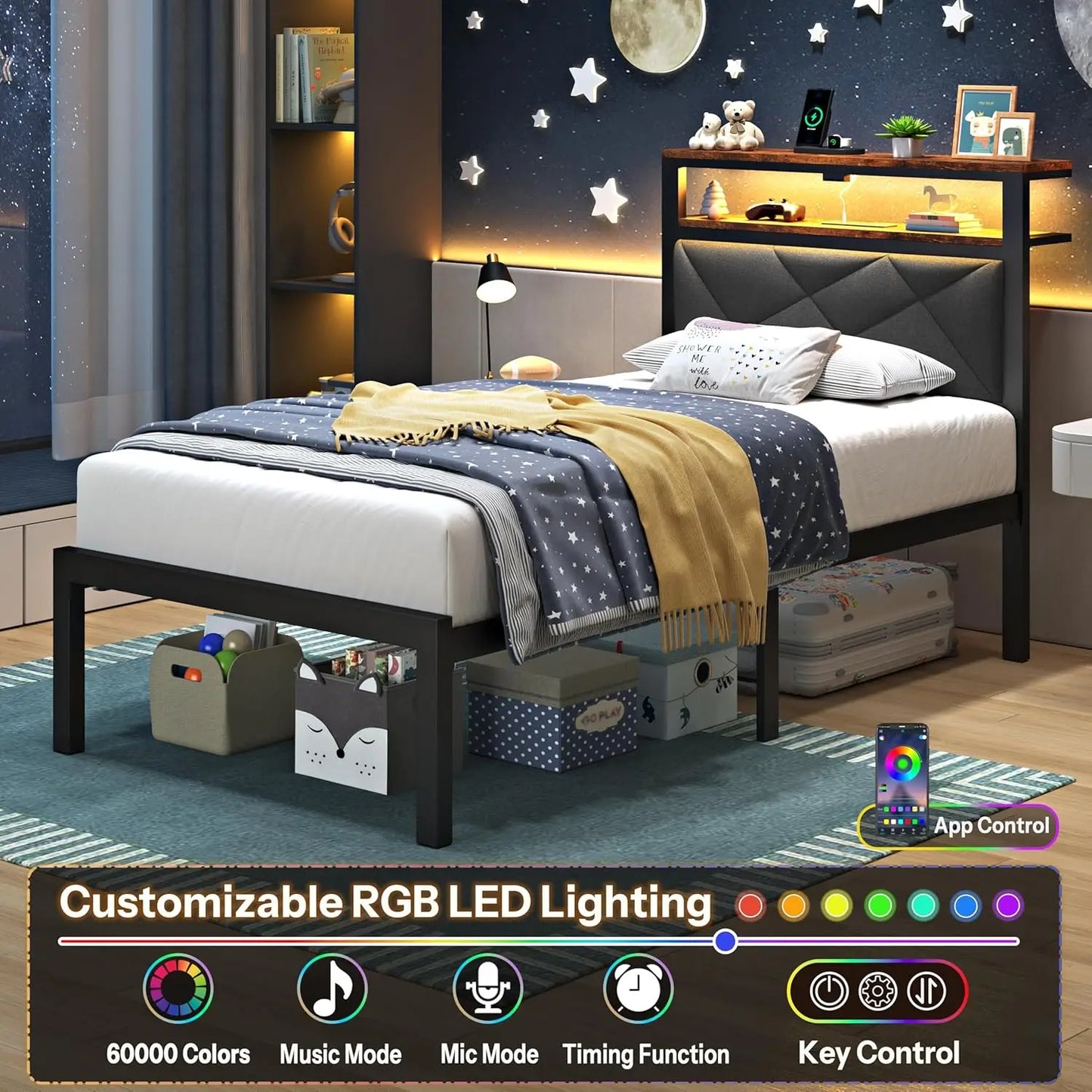 Twin Bed Frame with LED Headboard, USB Charging, Storage Shelves & Underbed Space, Dark Gray