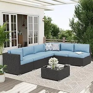7-Piece Outdoor Patio Furniture Sofa Set Black Rattan Wicker Sectional Conversation Sets with Glass Top Table and Cushions(Red)