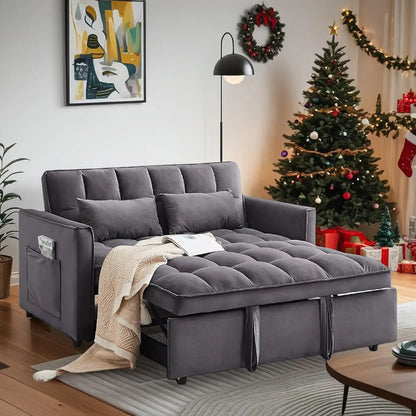 Convertible Sleeper Sofa Bed, 54'' Loveseat with Adjustable Backrest, Velvet Fabric, Pull Out Couch for Living Room