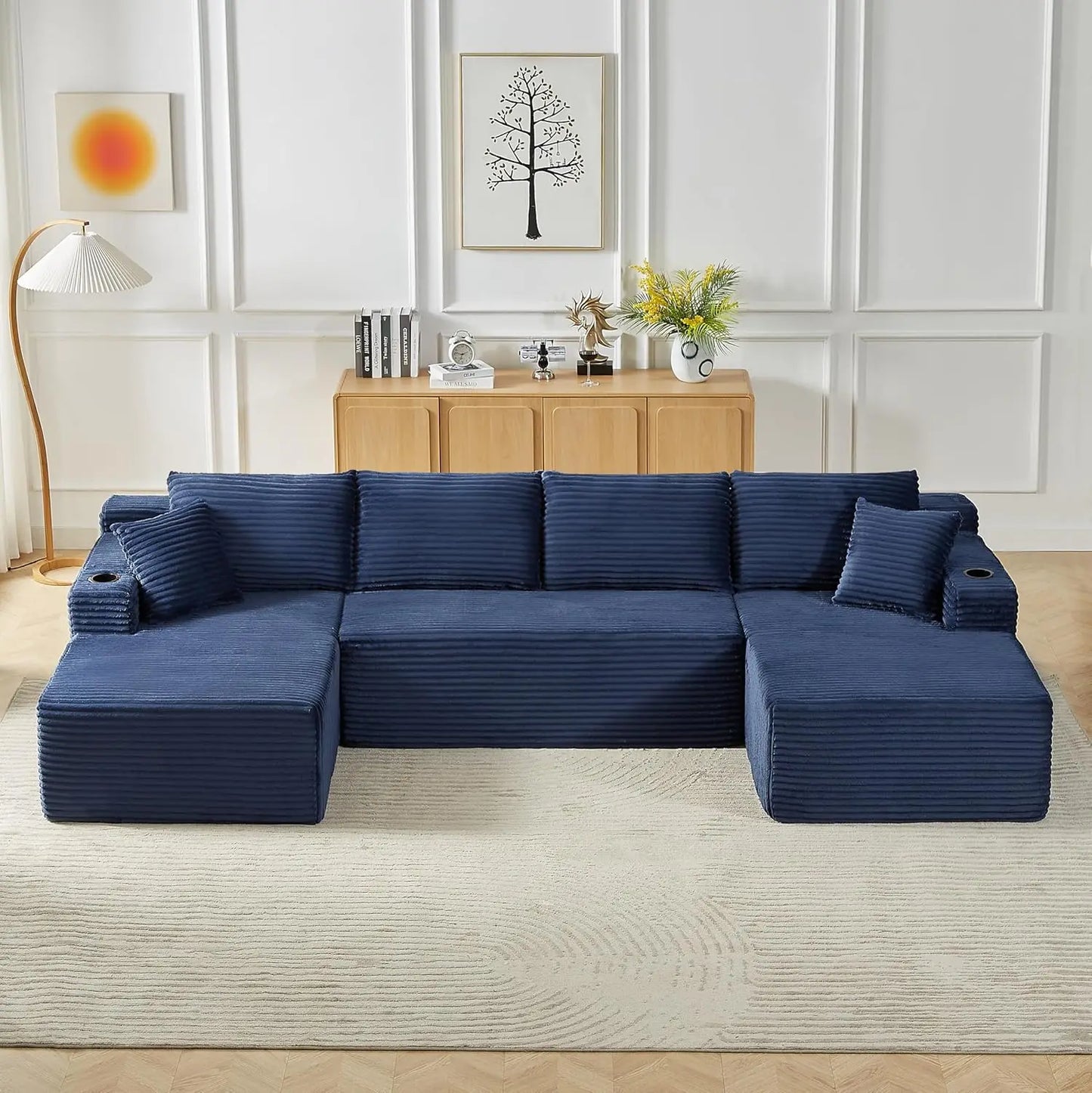 133" Oversized Modular Sectional Cloud Couch With Cup Holders, U Shaped Comfy Boneless Memory Foam Couches For Living Room, Plus