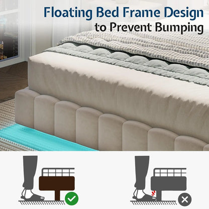 King Bed Frame with LED Lights and Upholstered Oversized Headboard, Modern Velvet Platform with Floating Design, No, Customized