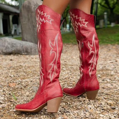 Women Over The Knee Western Boots Cowboy Chunky High Heel Square Toe Side Zipper Shoes Vintage Leisure Dressy Cowgirl Boots US