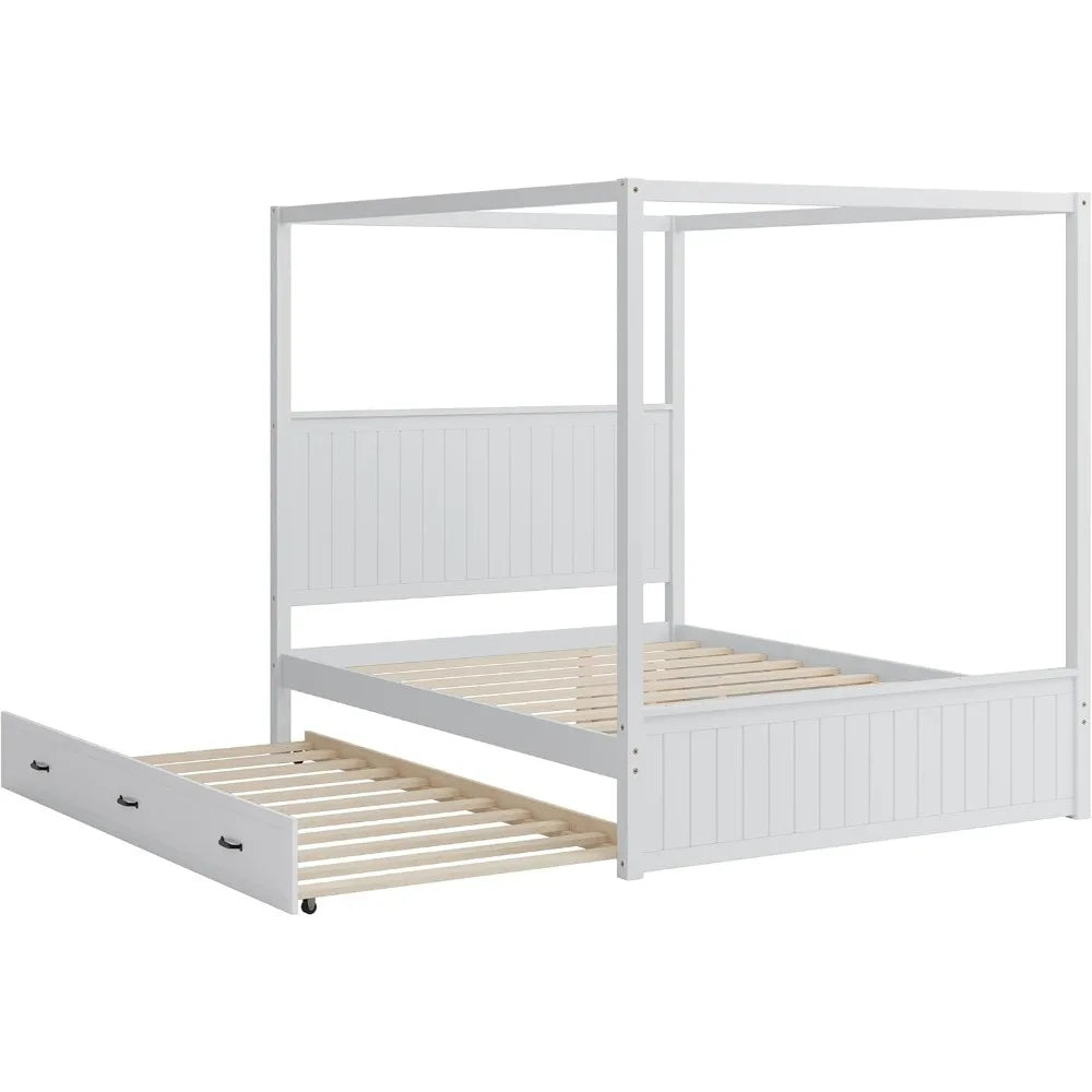 SOFTSEA Canopy Platform Bed with Trundle and Three Storage Drawers, Queen Size Solid Wood Bed with Headboard, 4-Post Platform Fr