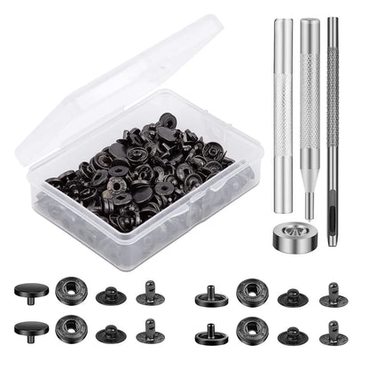50 Sets Leather Snap Fasteners Kit 10mm Black Metal Snap Buttons with 4pcs Snap Fastener Installation Tools for Sewing Clothing