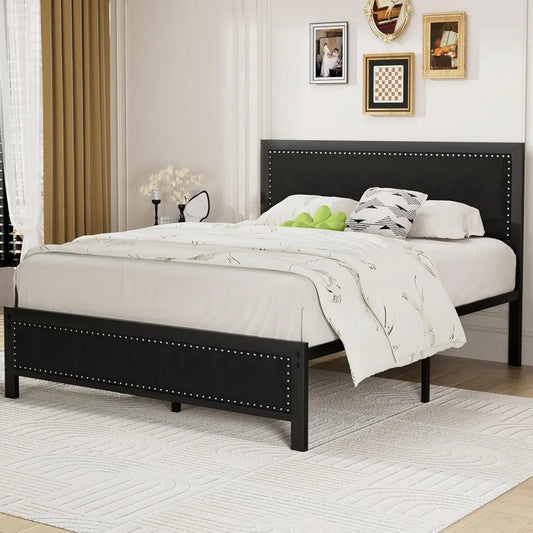 Queen Size Bed Frame with Upholstered Headboard, Heavy-Duty Platform w/Strong Metal Slats, No Box Spring Needed, Easy Assembly