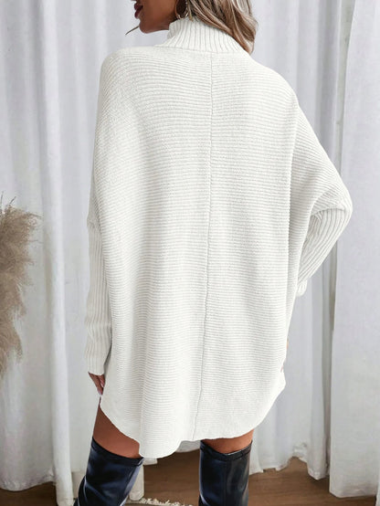 Autumn and Winter New Fashion Woman Sweater Irregular Hem Turtleneck Pullover Long Sleeve Knit Top