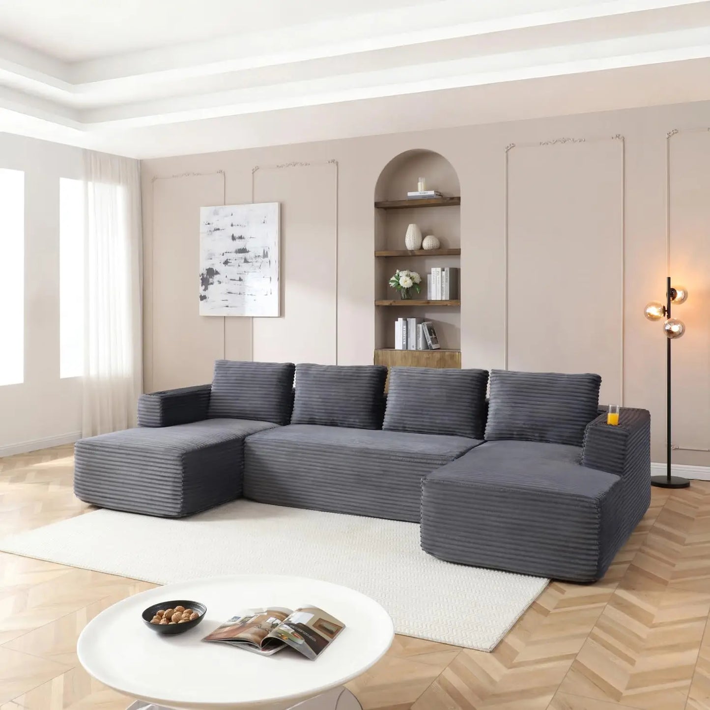 132" Modular Sectional Sleeper Sofa, Boneless Cloud Couch for Living Room, U Shaped 5 Seat Sofa with 2 Cup Holders,, Customized