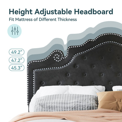 HOOMIC Full/Queen/King Size Velvet Bed Frame with Adjustable Tiara Headboard, Diamond Tufted Upholstered Platform Bed