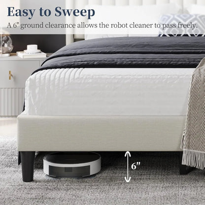 Queen Upholstered Platform Bed - Fabric Headboard with Wing Edge Design | Wooden Slats Support, Non-Slip & Noise-Free