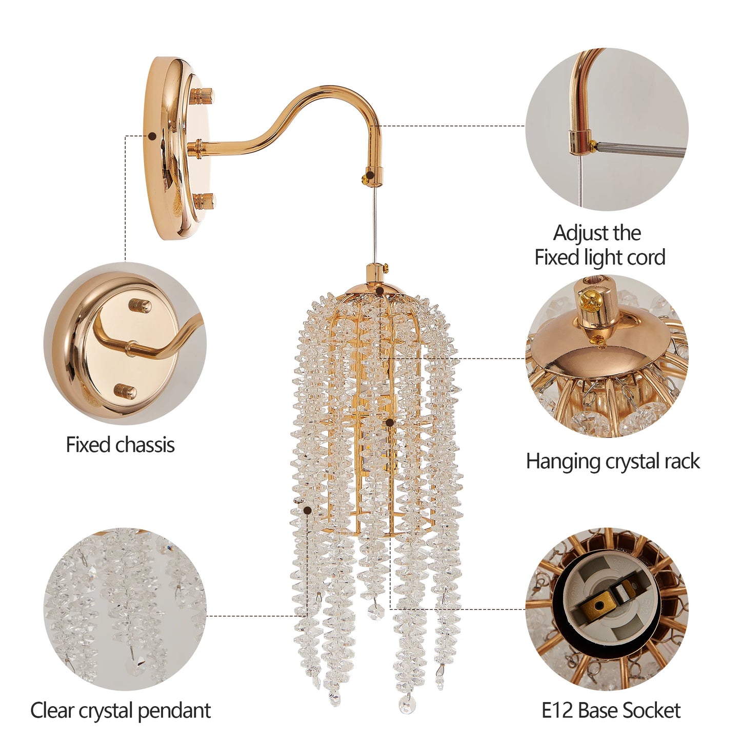 Set of 2 Gold Frame and Cascading Crystal Bead String Wall Sconces, E12 Bulb Socket, Elegant Hanging Light Fixture (No Bulb)