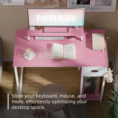 39-Inch Pink Computer Desk with Monitor Stand, Storage Drawer, Adjustable Feet for Home Office Study