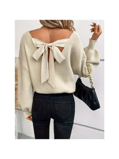 Autumn and Winter New Fashion Woman Sweater V-neck Solid Color Long-Sleeve Relaxed-Fit Bow Top