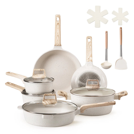 VEVOR 17 Piece Pots and Pans Set Granite Nonstick Cookware Set Induction Cookwares Kitchen RV Cooking Sets with Pan Protectors