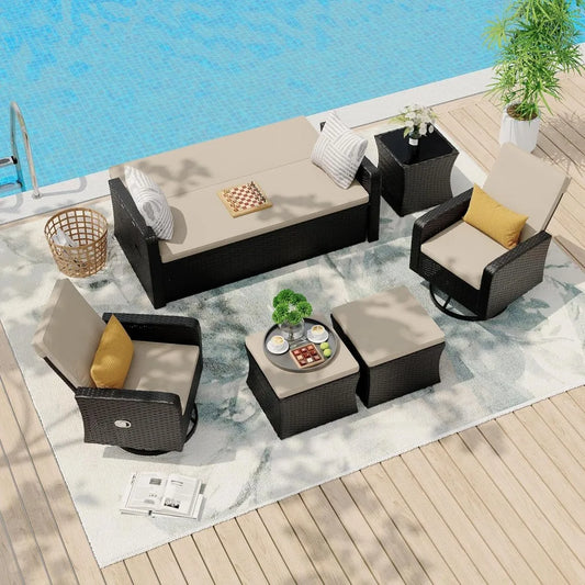 6 Piece Patio Furniture Set, Wicker Patio Conversation Sets with Swivel & Recline Chairs, Outdoor Sectional Sofa Sets with 2