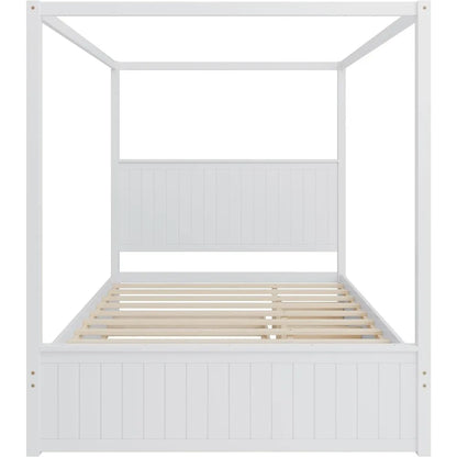 SOFTSEA Canopy Platform Bed with Trundle and Three Storage Drawers, Queen Size Solid Wood Bed with Headboard, 4-Post Platform Fr