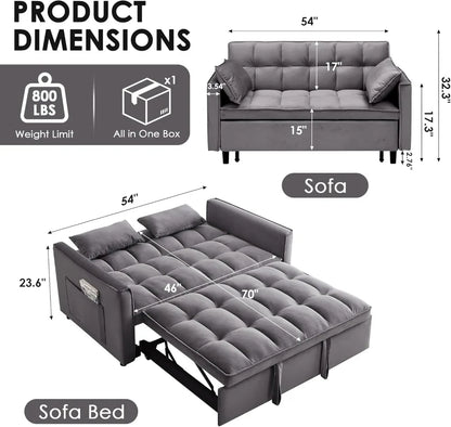 Convertible Sleeper Sofa Bed, 54'' Loveseat with Adjustable Backrest, Velvet Fabric, Pull Out Couch for Living Room