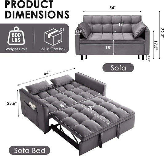 Convertible Sleeper Sofa Bed, 54'' Loveseat with Adjustable Backrest, Velvet Fabric, Pull Out Couch for Living Room