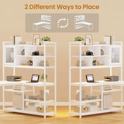 L Shaped Computer Desk, 58'' Office Desk with LED Light and Bookshelf, L Shaped Corner Desk with Storage Shelves