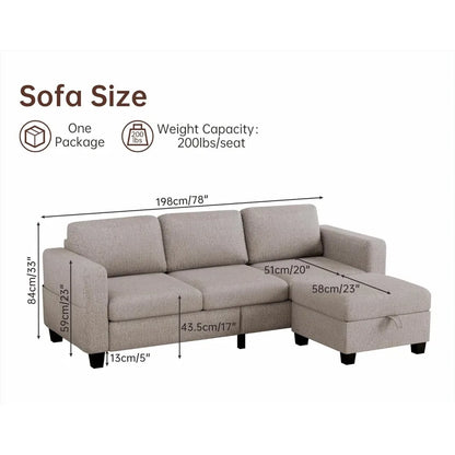 Sectional Couches for Living Room 78" Convertible L Shaped Couch with Storage Ottoman 3 Seater Modern Linen Fabric Sofas