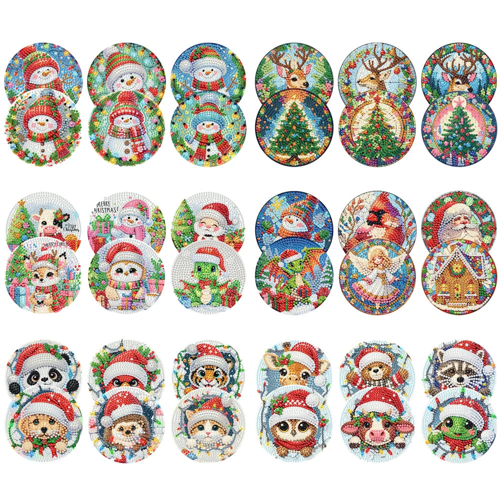 6Pcs Wooden Christmas Animals Diamond Painting Coasters DIY Coaster Diamond Dot Kits Round Diamond Art Coasters for Party Decor