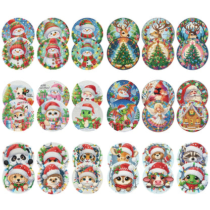 6Pcs Wooden Christmas Animals Diamond Painting Coasters DIY Coaster Diamond Dot Kits Round Diamond Art Coasters for Party Decor