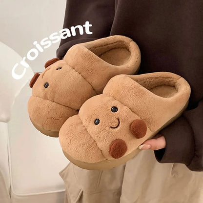 Fun Croissant Bread Cotton Slippers for Men and Women, Winter Couple Home Use, Thick-Soled Non-Slip Home Slippers for Women
