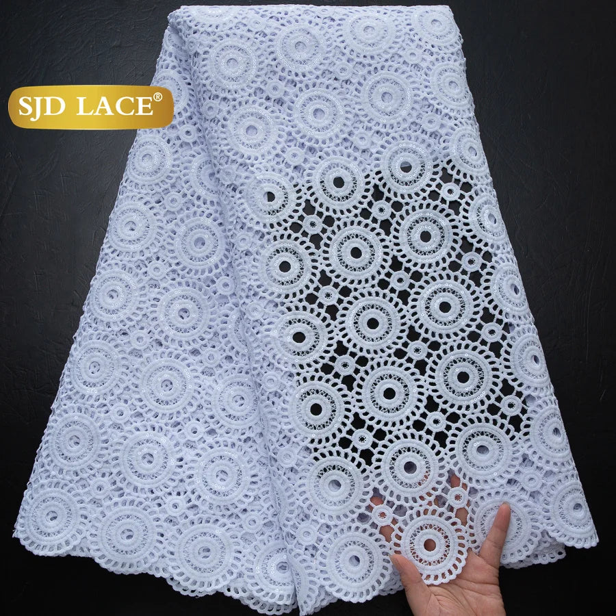 SJD LACE African Sequins Guipure Cord Lace Fabrics 5 Yards White 2025 New Nigerian Water Soluble Lace For Women Dresses Sew 4197